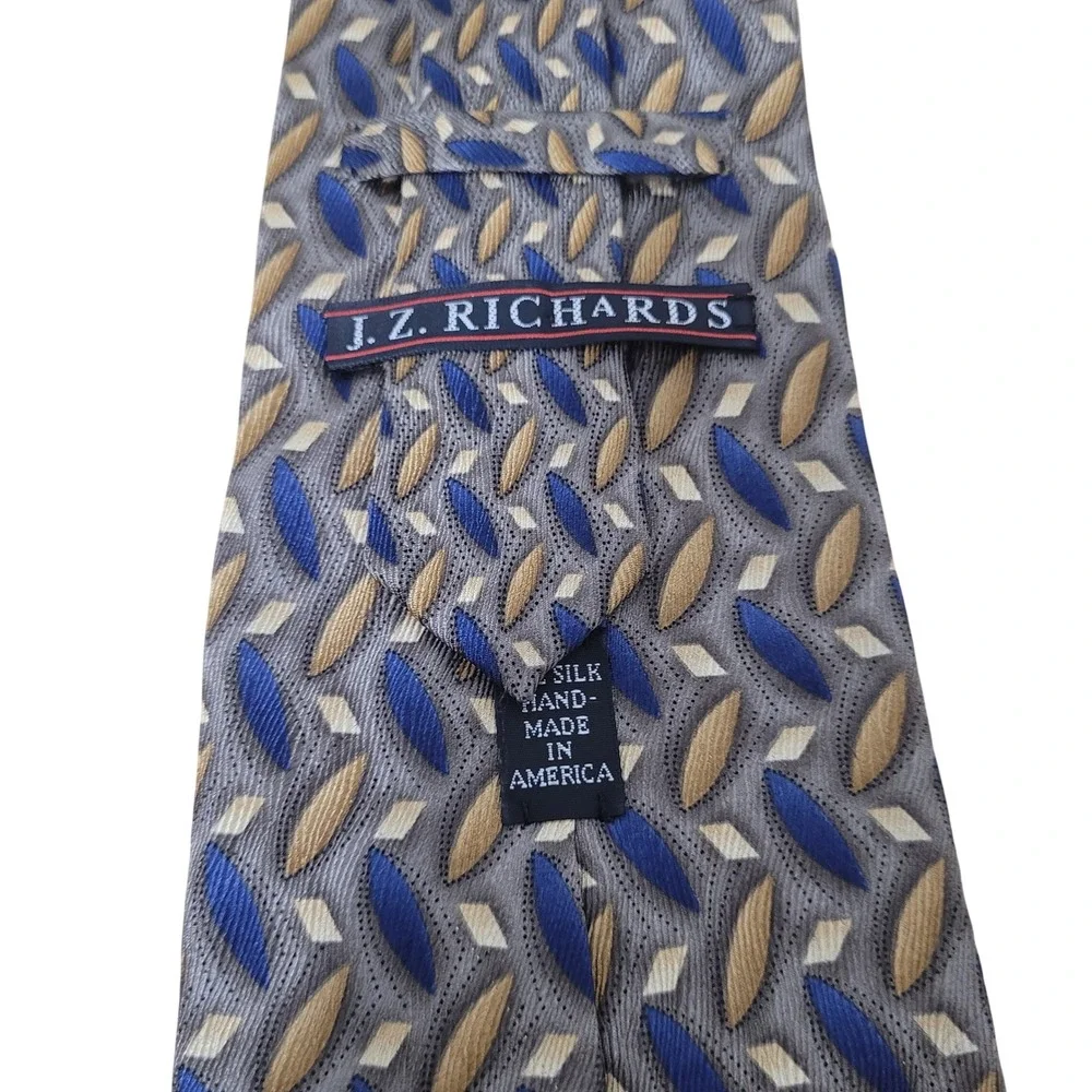 J.Z. Richards Men Silk Necktie Blue Gold Grey Geometric Diamond Pattern USA Made